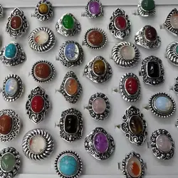 Wholesale 10Pcs/Lot Natural Stone Rings For Women/Men Mix Style Vintage Carved Silver Plated Ring Fashion Party Jewelry Gift