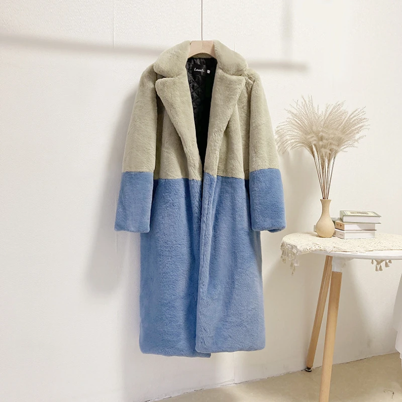 2022 New Women Winter Warm Faux Fur Coat Color Patch Thick Women Long Coat Turn Down Collar Women Warm Fur Coat