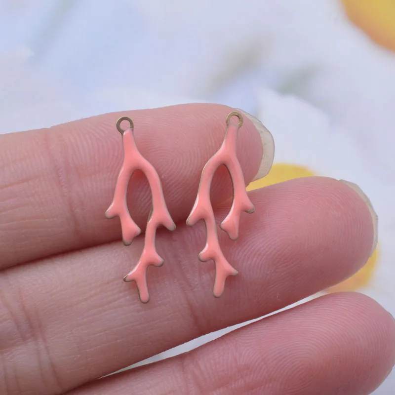 30pcs 22*8mm  Copper Both Sided Enamel Coral Charms Branch Pendant DIY Jewelry Earring Making