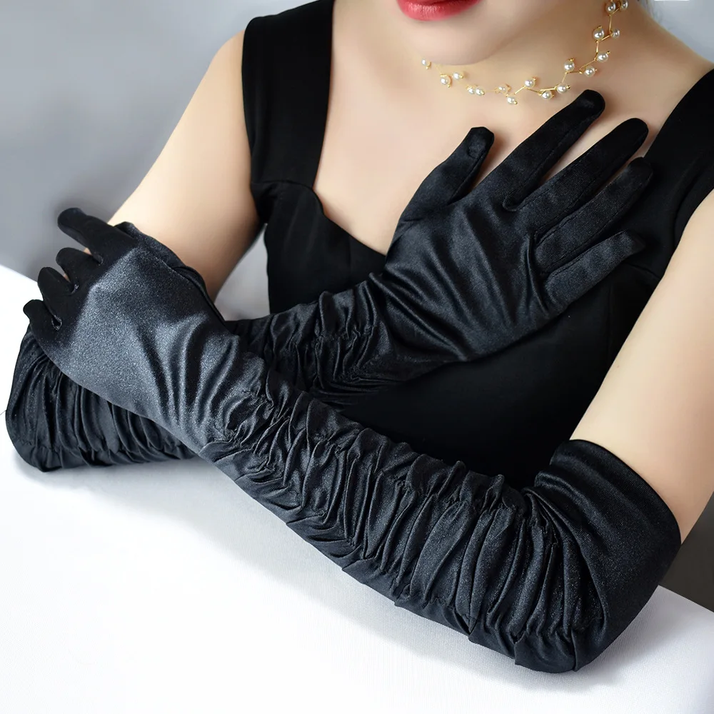 

50cm Women Imitate Satin Sexy Long Prom Dance Performance Cosplay Retro Style Summer Solid Sunscreen Black Folds Gloves