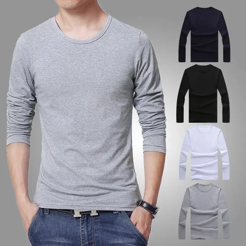 Men's T-shirt 3 Basic Color Long Sleeve Slim T-shirt Young People Solid Color T-shirt 3XL Size O Collar