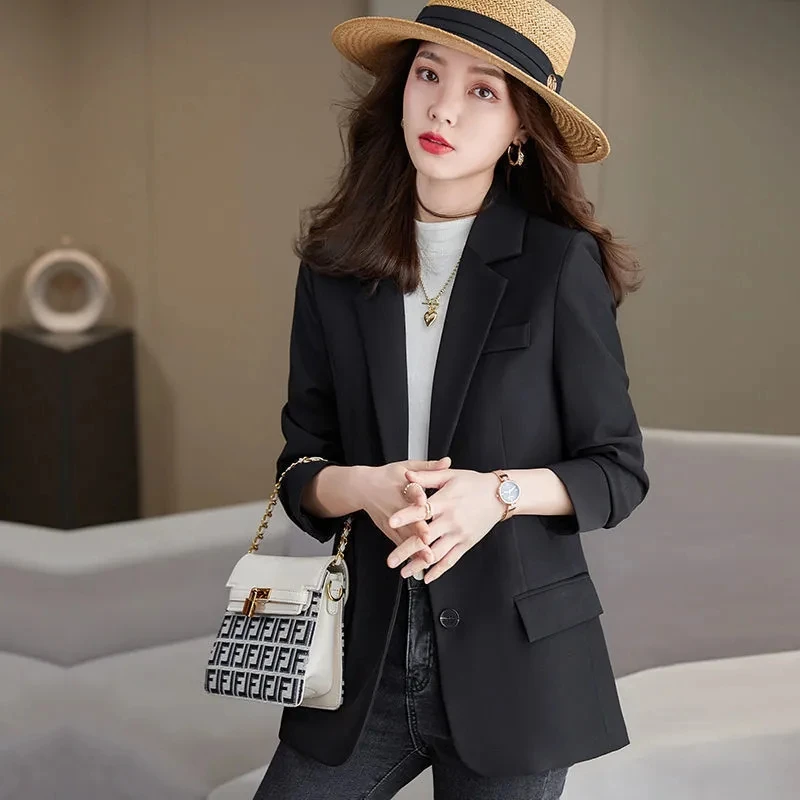 Neue Blazer frauen Frühling Herbst Casual Kleine Kerl Schwarz Lose Einreiher Elegante Temperament Weibliche Futter Anzug Jacke