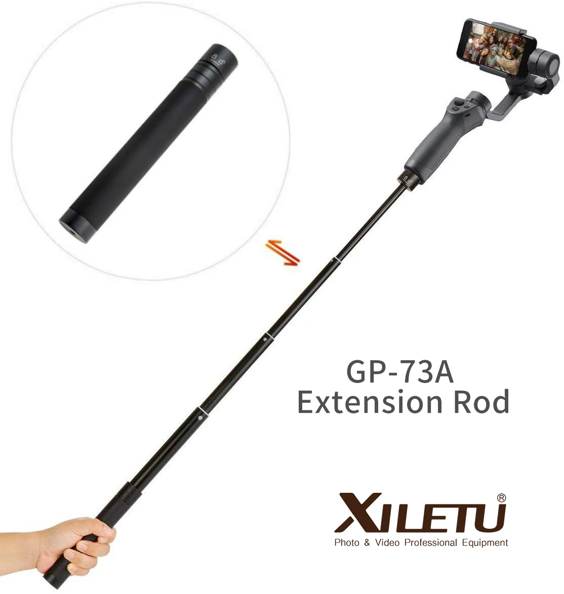 XILETU GP73A Handheld Adjustable Extension Rod, Retractable Stick, Telescopic Collapsible for Gimbal Stabilizer