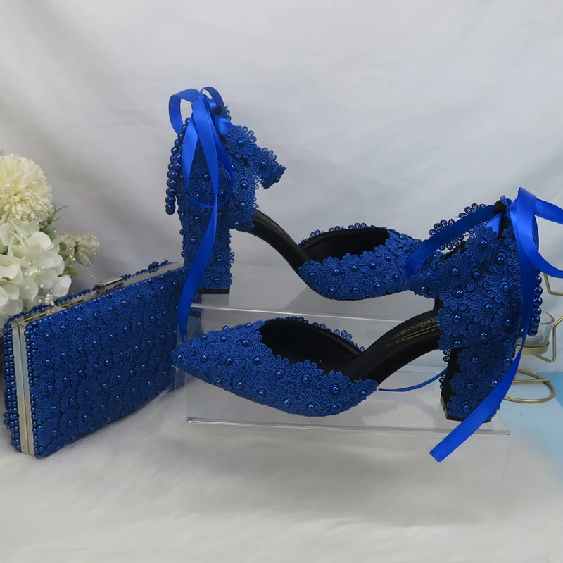 BaoYaFang Royal Blue Flower Strap Bridal wedding shoes Bride Pointed Toe Square Thick High Heel Party dress shoes and bag set