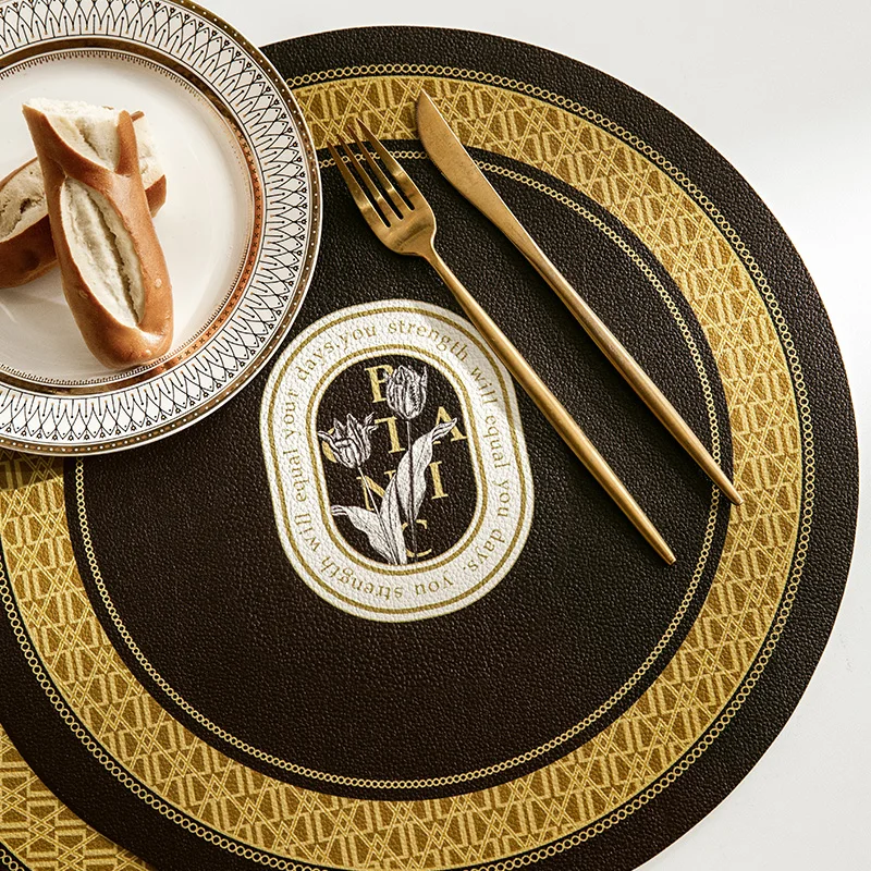 Waterproof Faux Leather Table Mats,Round Placemats,Luxury Coasters,Black Gold Series,Easy to Wipe Off for Kitchen and Dining