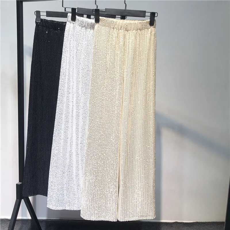 Sidaimi Silver Full Sequined 2022 Women Wide Leg Pant Elastic Waist Bling Luxury Chic Capris Casual Gold Long Pant Female Club