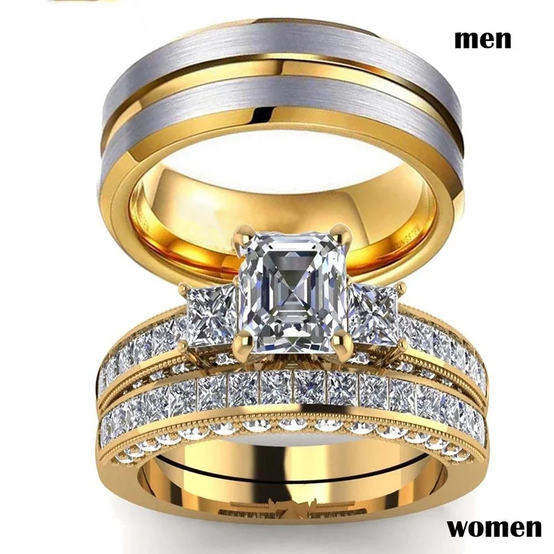 Fashion Gold-Color Couple Rings - Men's Stainless Steel Rings Women's White Zircon Ring Set Wedding Jewelry Valentine's Day Gift