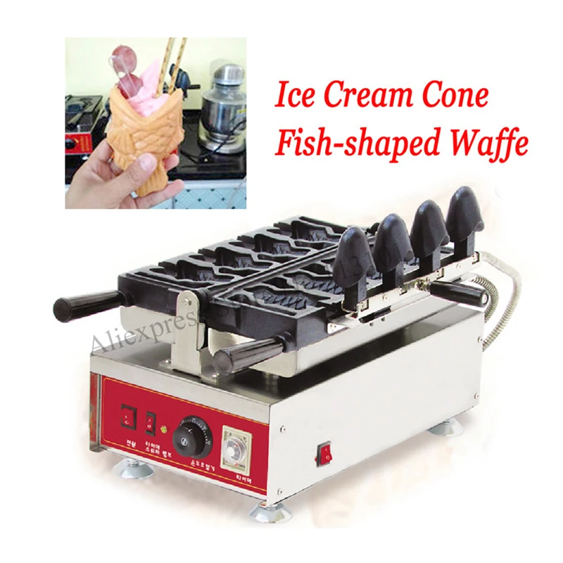 

Big Open-mouth Ice Cream Taiyaki Waffle Machine Commercial Taiyaki Fish Shaped Cake Maker Stainless Steel with 4 pcs Moulds