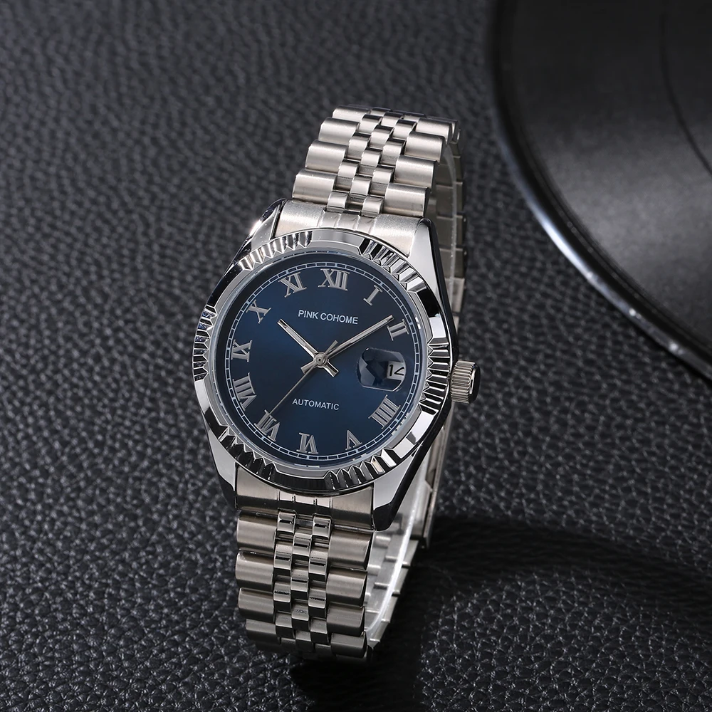 Male Automatic Watch Blue Dial Face Steel Bracelet Wristwatch Business Man Waterproof Brand Logo Mechanical Clock Mechanism