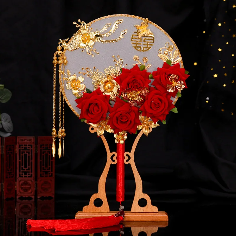 NiuShuya  Handmade New Retro Chinese Gold Bridal Bouquets Fan Artifical 3D Flowers Wedding Round Hand Fan Ramo De Novia