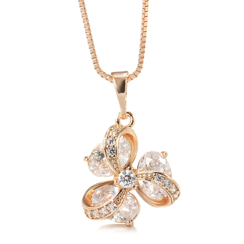 

New Design Fashion Flowers Pendent For Women Charm Chain Necklaces 585 Rose Gold CZ Jewelry Wedding Gift