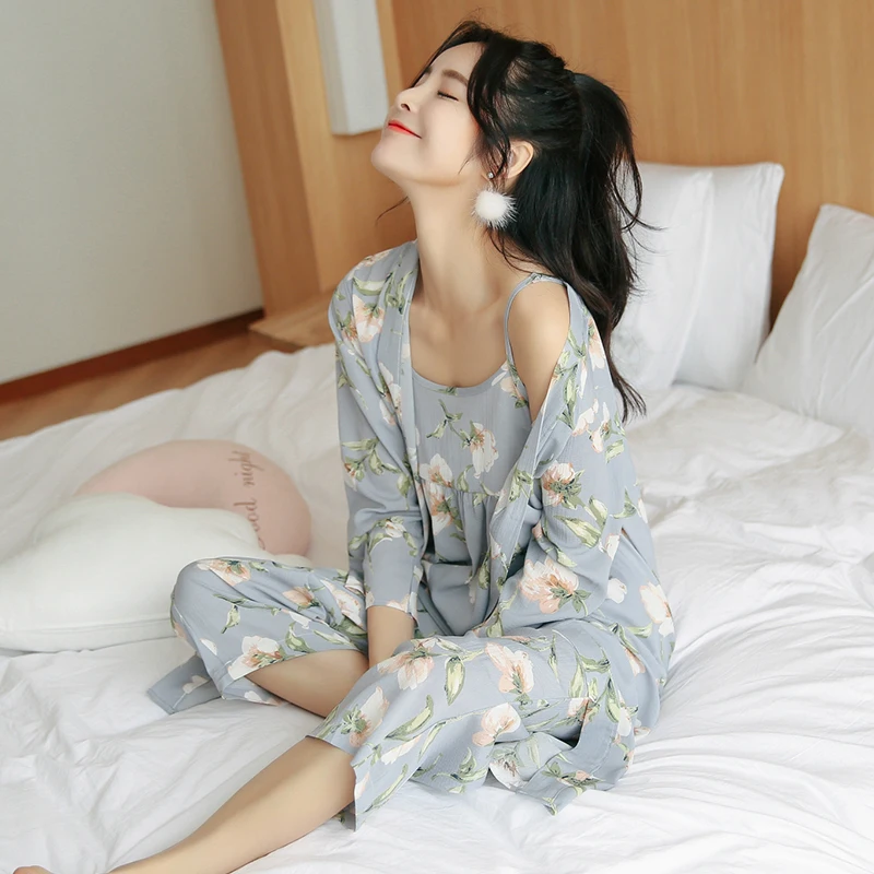 Conjunto de Pijama de algodón con Kimono japonés para mujer, ropa de dormir suave para el hogar, con estampado Floral, 3 piezas