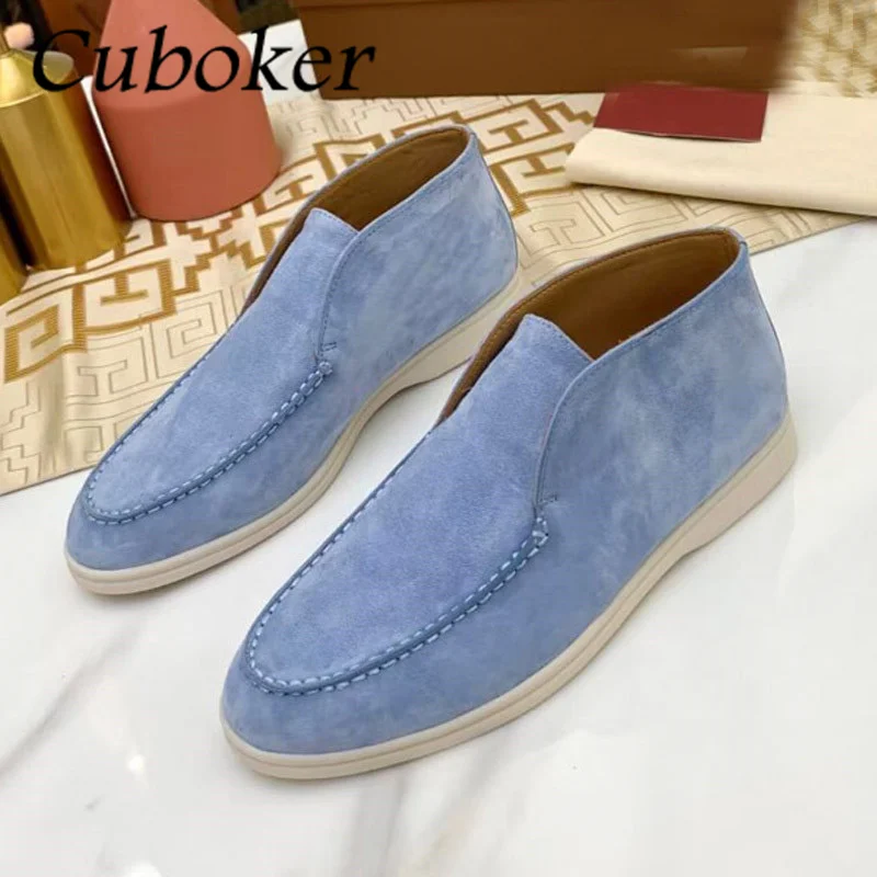 High Quality Women Flat Causal Shoes Round Toe Kid Suede High Top Blue Ladies Slip On Mules Outside Open Walking Shoes Women