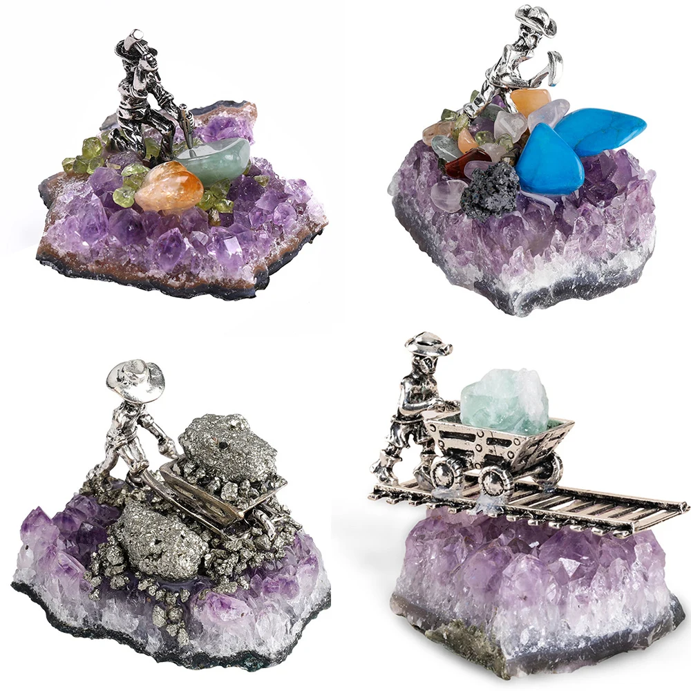 Natural Amethyst Cluster Miner Mining Mineral Scene Modeling Fun Teaching Gift for Childern Creative Crafts Desk Home Ornament