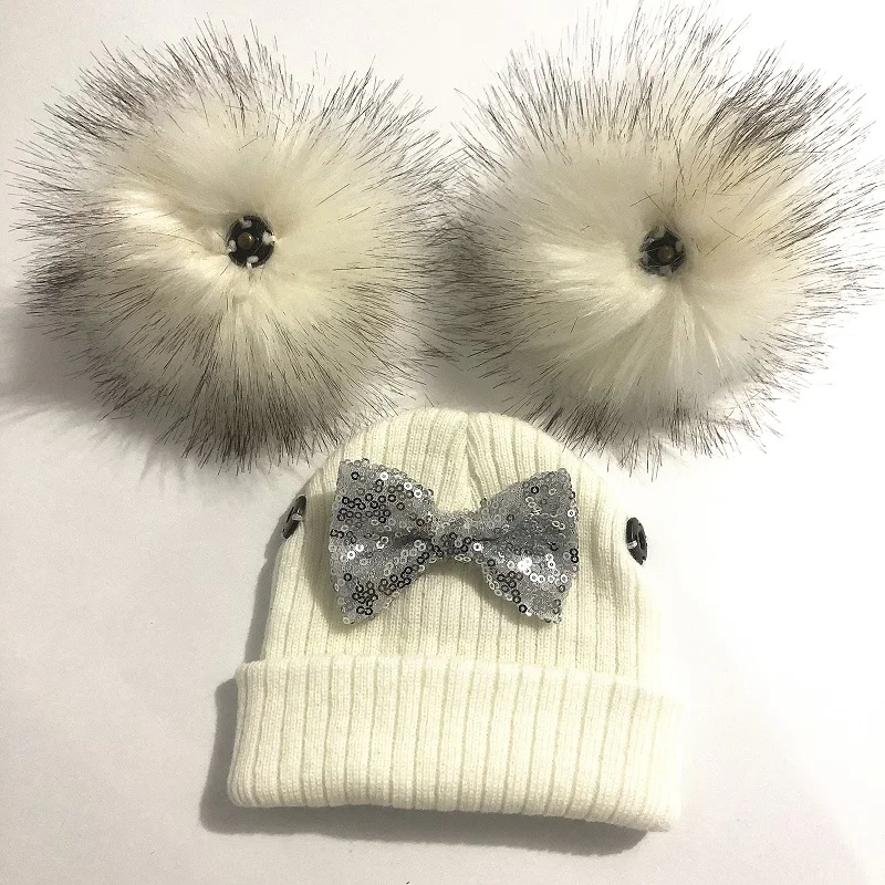 Kids Glitter Bow Knot Double Pompom Hat For Baby Girls Winter Cap Scarf Children Accessories Bonnet