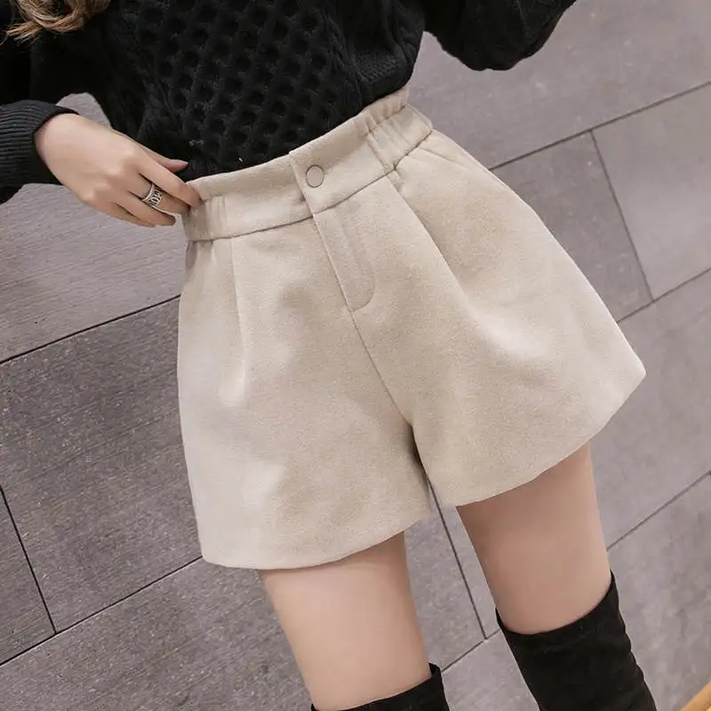 Fashion Woolen Shorts Women Autumn Winter High Quality Loose High Waist Wide Leg Shorts Apricot Black Wool Ladies Shorts C7653