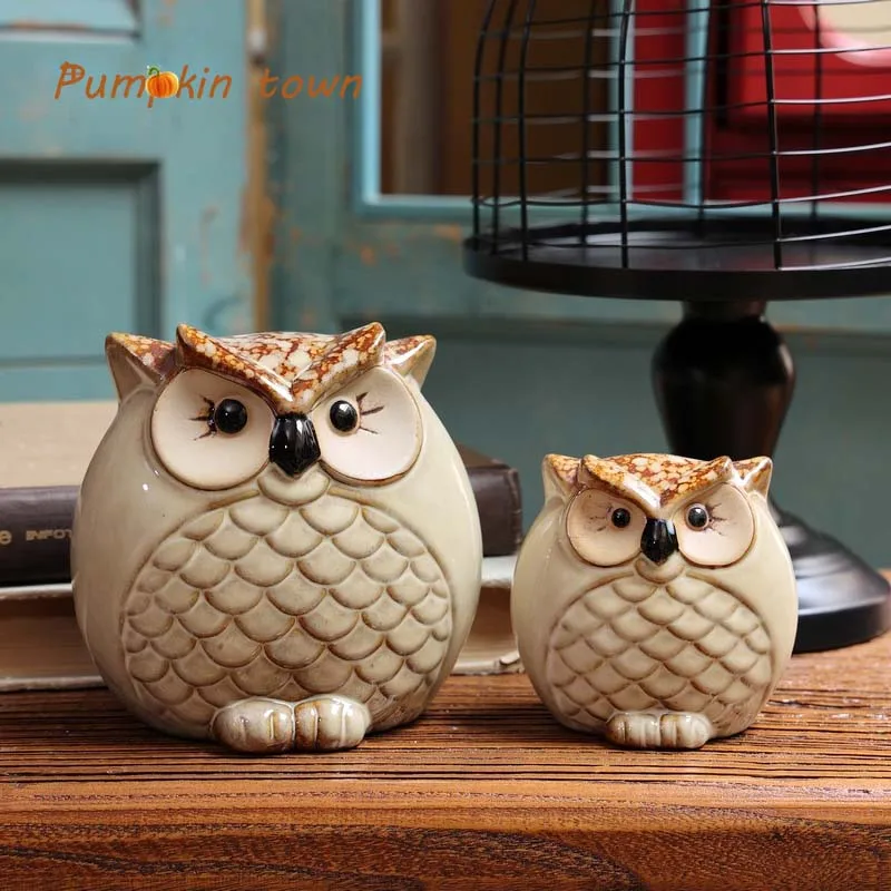 Scale Feather Pattern Big Eye Ceramic Owl Set Of Two Small Ornaments Creative Lovely Indoor Living Room Children's Room