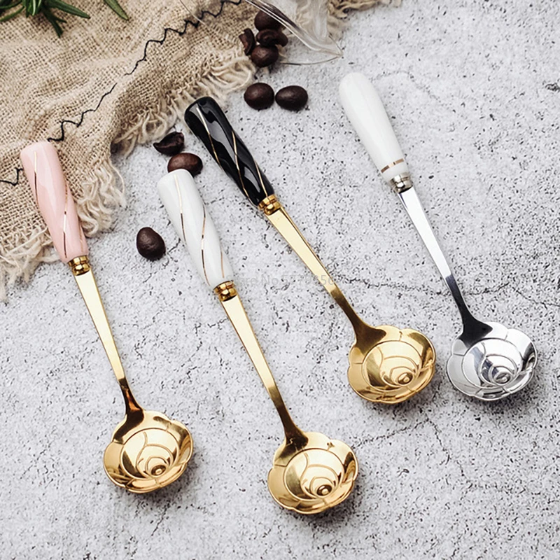 Stainless Steel Spoon with Ceramic Handle Flower Shape Tea Coffee Spoon Dessert Spoon Kitchen Tableware Ceramic Handle 1PCS