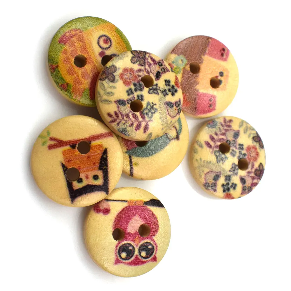 15MM Mixed Owls New Printed Round Wooden Button 2 Holes Mixed Wood Buttons Sewing Accessories for Clothing Decoration DIY