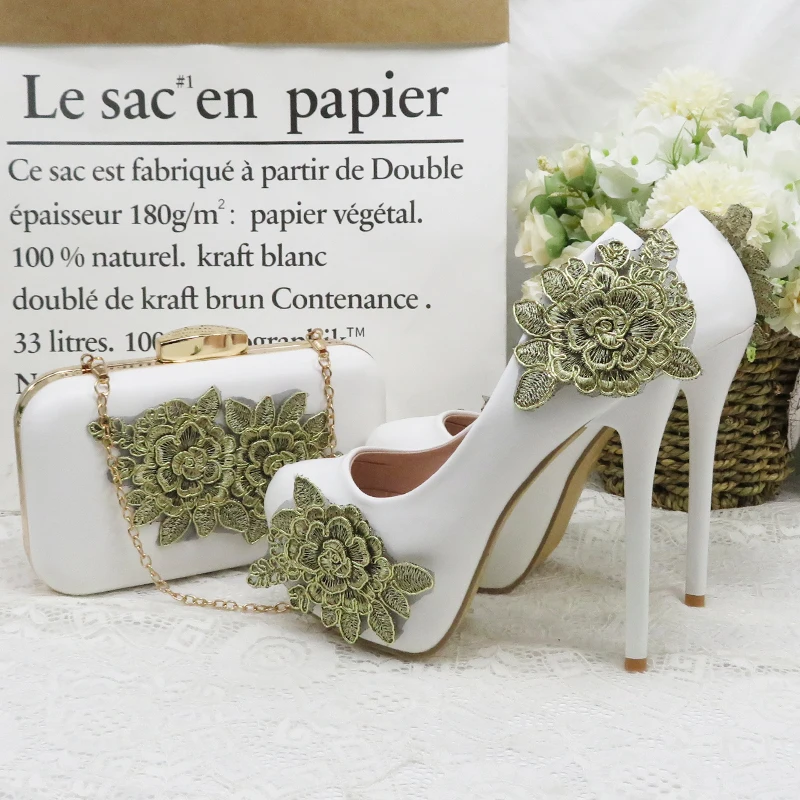 High Heels Summer Sandals Wedding Shoe Bride Round Toe Ankle Strap Ladies Party Pumps Woman big size shoe purse set White Shoe