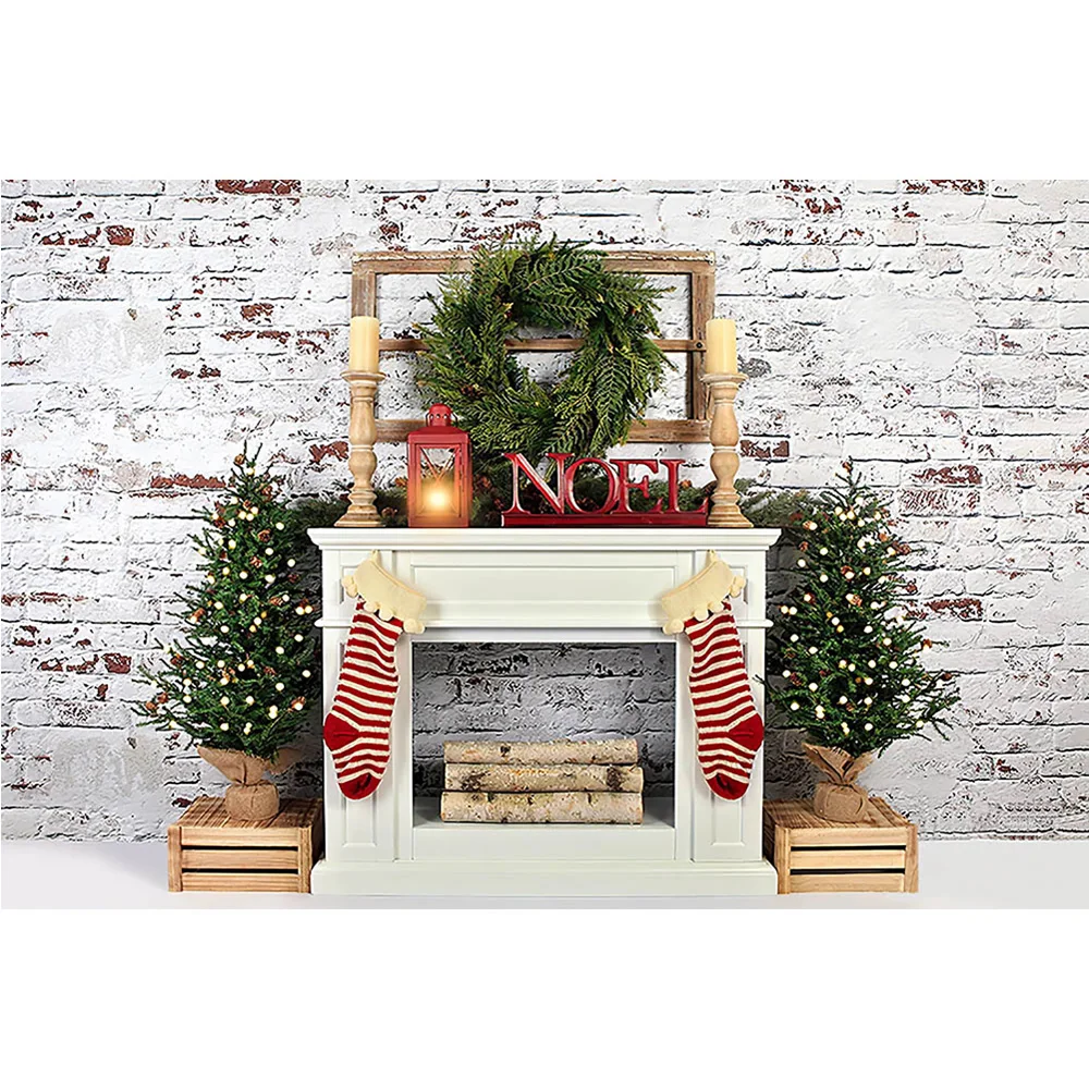 عيد الميلاد التصوير خلفية الشتاء Onederland حفلة عيد ميلاد خلفية الموقد الرجعية الطوب جدار المصباح جورب شجرة عيد الميلاد