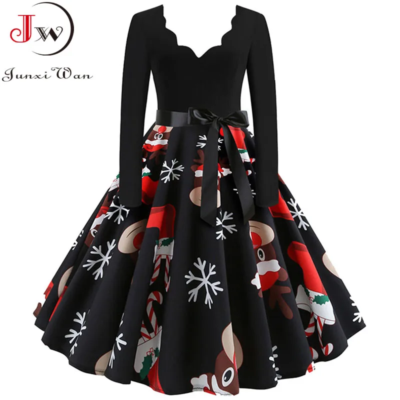 Women Christmas Dress Long Sleeve Vintage Elegant V Neck Print Big Swing Party Xmas New Year Winter Clothes S~3XL Robe