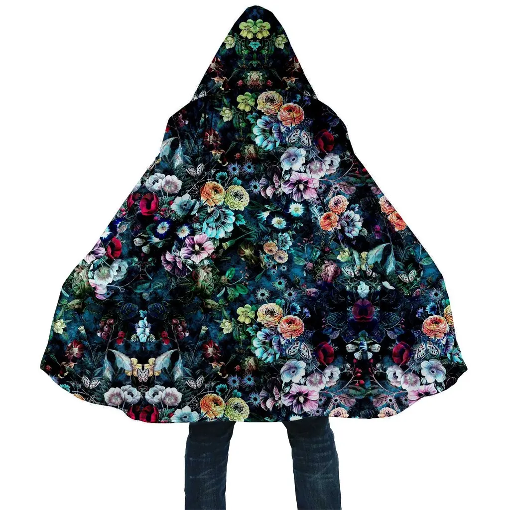 2024 Winter Mens Cloak flowers painting Floral 3D full Printing Fleece Hooded Coat Unisex Casual Thick Warm Cape coat PF52