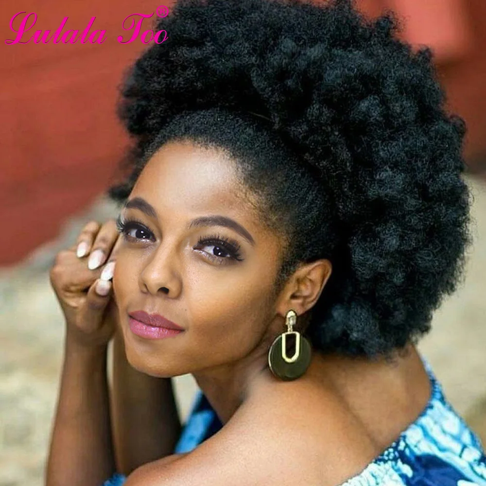 10inch High Afro Puff Hair Bun Chignon Synthetic Drawstring Ponytail Wigs Kinky Curly Clip in Extensions