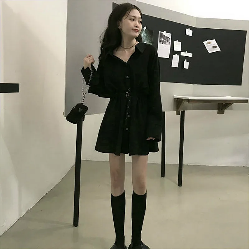 Dress Women Pure Turn-down Collar Button Long Sleeve Collect Waist Elegant Fashion Black Clothing Fall 2020 Hepburn Vestido Chic