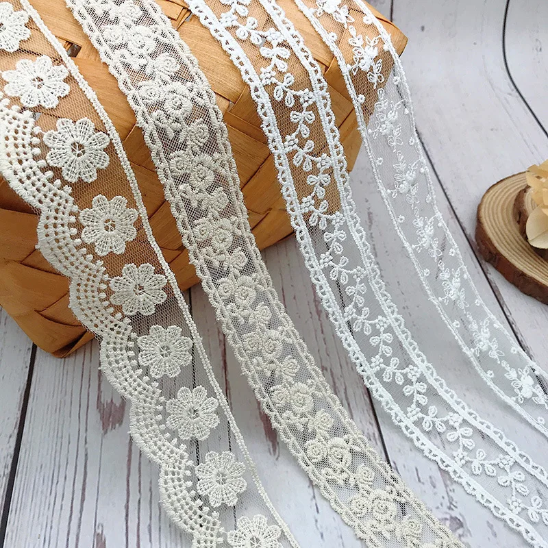 3Yards/Lot Embroidery White Beige Cotton Thread Tulle Lace Fabric Boutique Belt Baby Dress Skirt Accessories