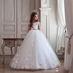 White Lace Flower Girl Dresses For Wedding Jewel Neck 3D Floral Appliqued Toddler Pageant Gowns Tulle First Communion Dress