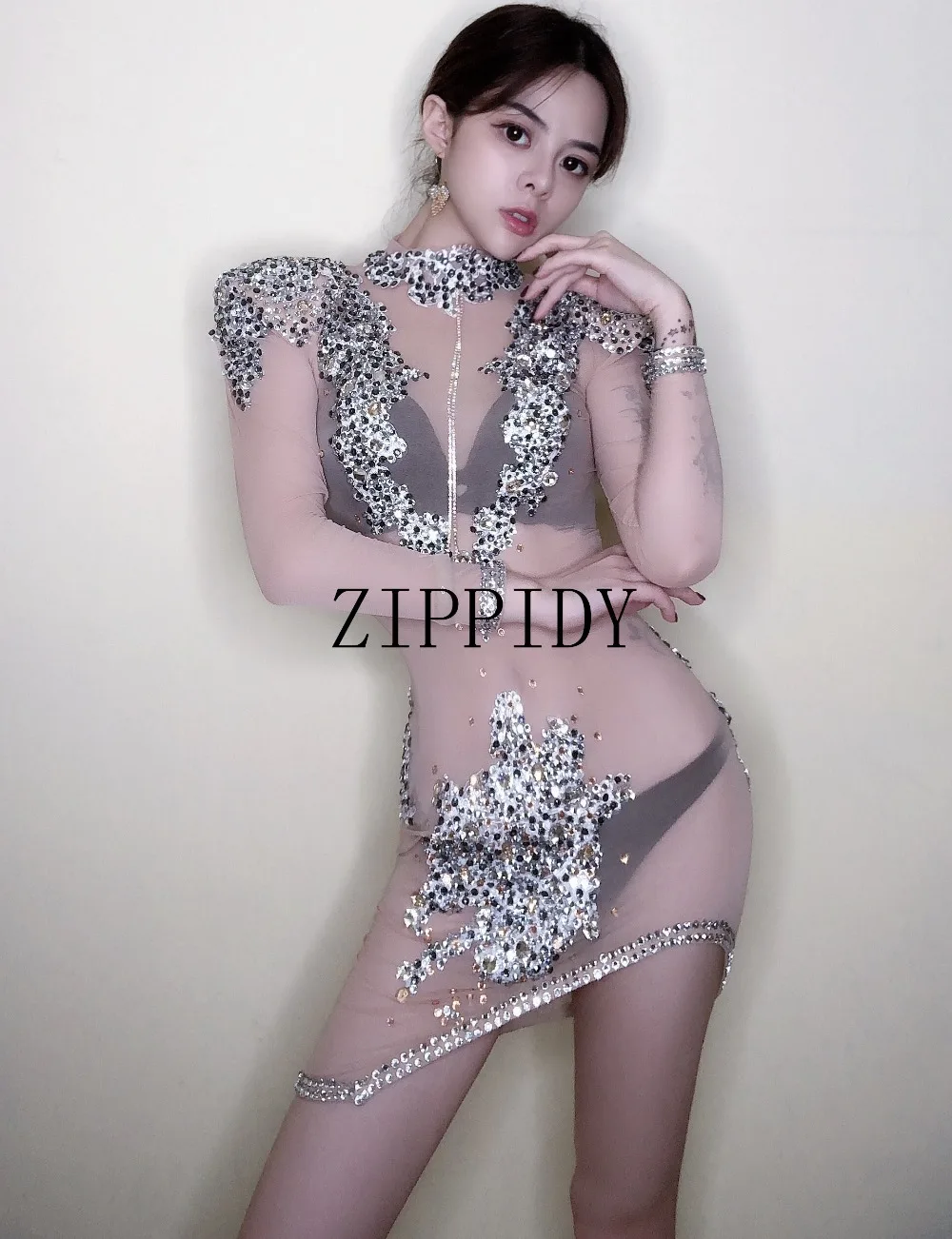 

New Silver Rhinestones Sexy Dress Women's Birthday See Through Mesh DRESS Stage Evening Singer Dancer Perspective Outfit