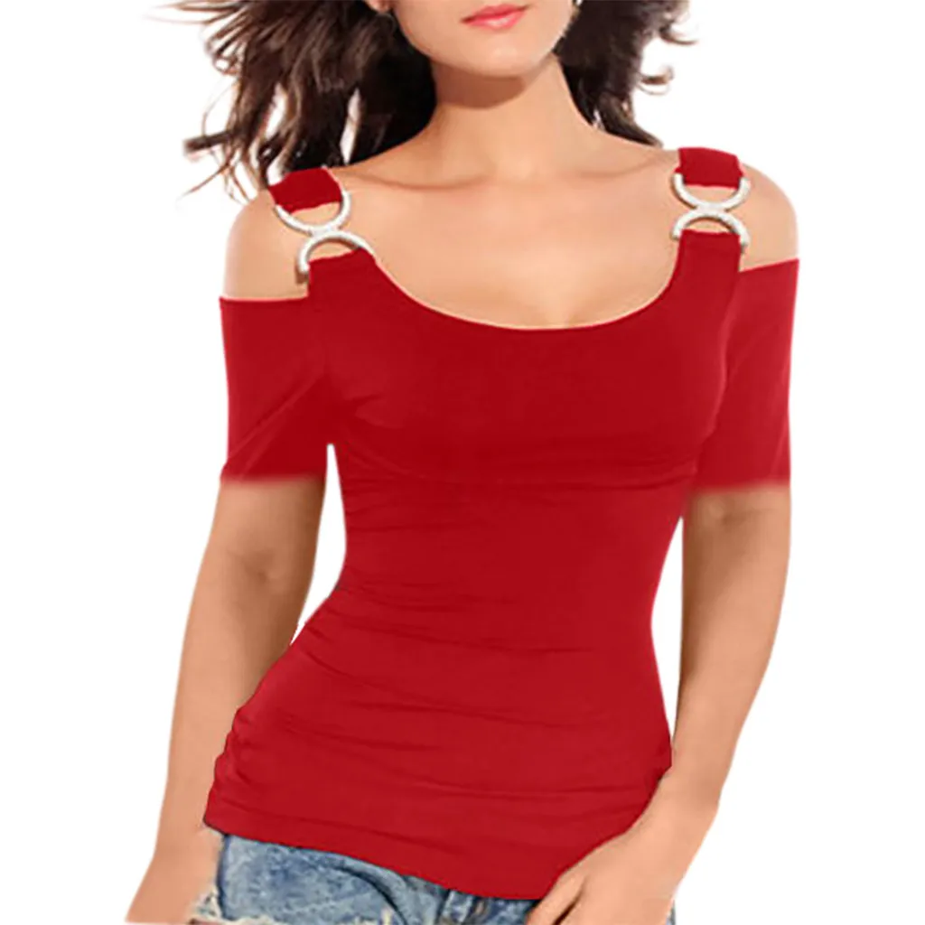 Woman Summer T-Shirt A Strapless Metallic Ladies Top With Short Sleeves  T Shirt Slim Solid Fashionable Tshirts 3