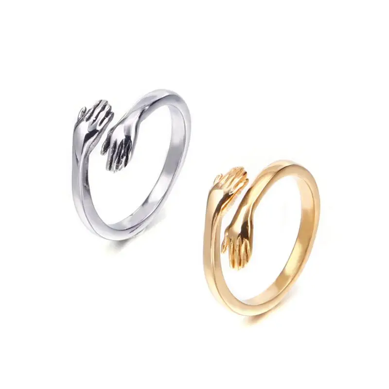 Simple Design Love Hug Open Ring For Women Creative Hands Embracing Adjustable Ring Valentine Day Party Stainless Steel Jewelry