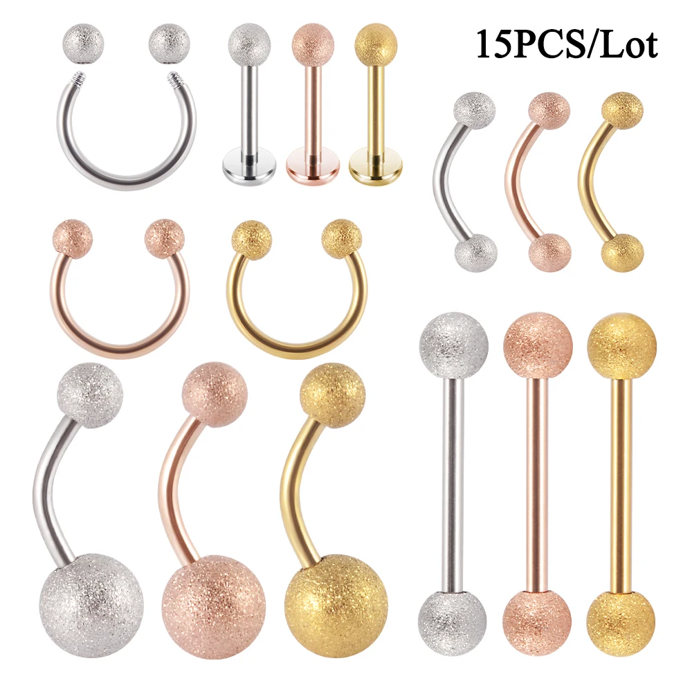 15pcs/Lot Surgical Steel Ear Cartilage Helix Twisted Matte Balls Tongue Barbell Belly Basic Piercing Jewelry External Thread