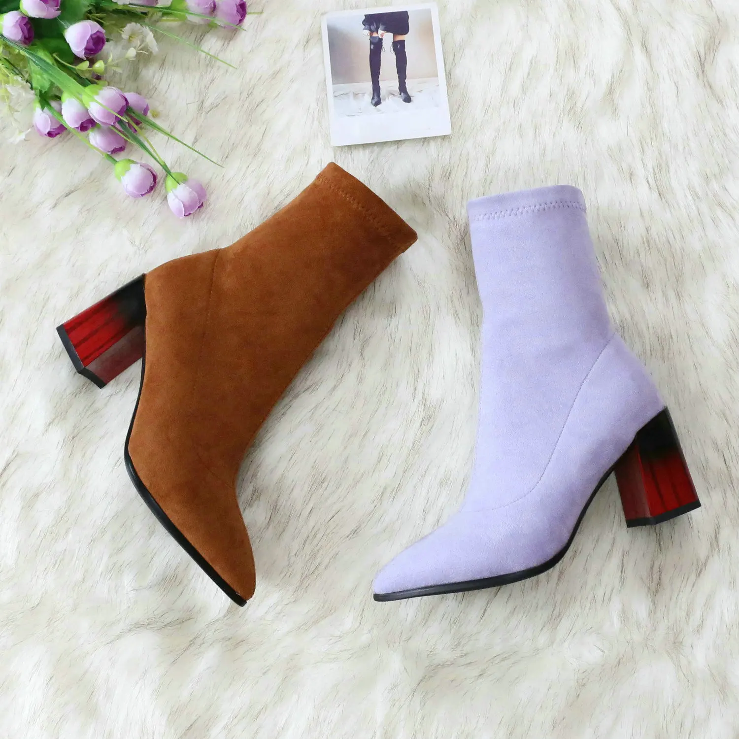 ESVEVA Pointed Toe Sexy High Heels Woman Autumn Winter Fashion Ankle Boots Elastic Flock Slip on Women Shoes Size 34-43