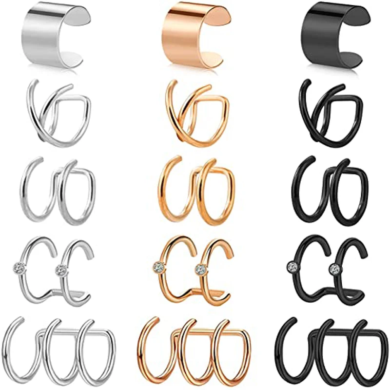 1Pcs/15 Pcs Stainless Steel Ear Cuff Helix Cartilage Clip On Wrap Earrings Fake Nose Ring Non-Piercing Adjustable Men Women