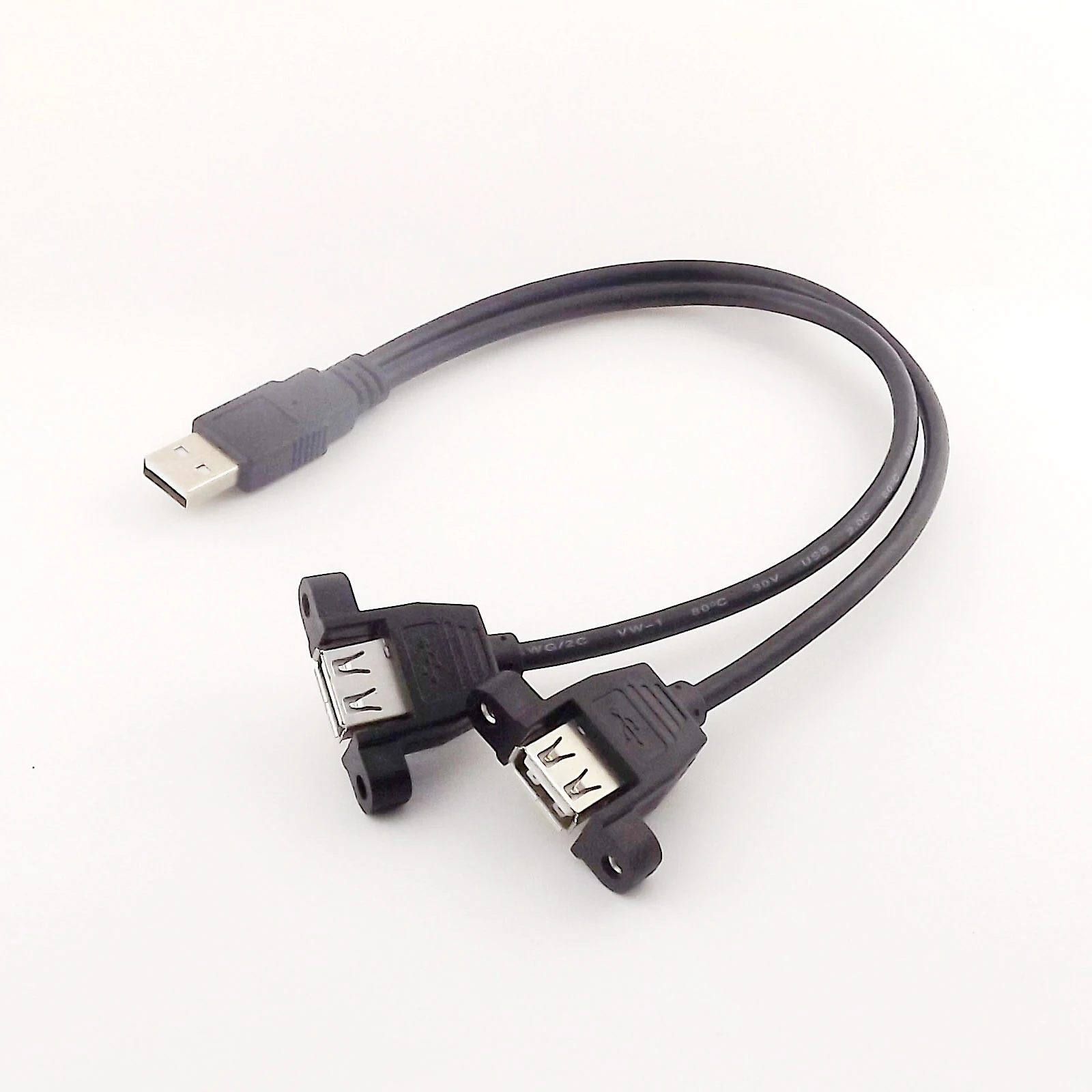 1pc USB 2.0 A Male to Dual USB 2.0 A Female Socket Panel Mount Y Splitter Connector Cable 30cm Black