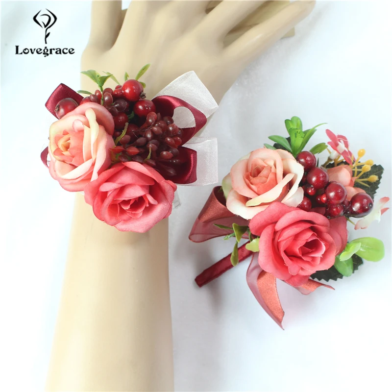 Lovegrace العريس Boutonniere العروس المعصم كورسيج وردة من الحرير البلاستيك بيري فتاة سوار الرجال كورسج الزفاف الديكور