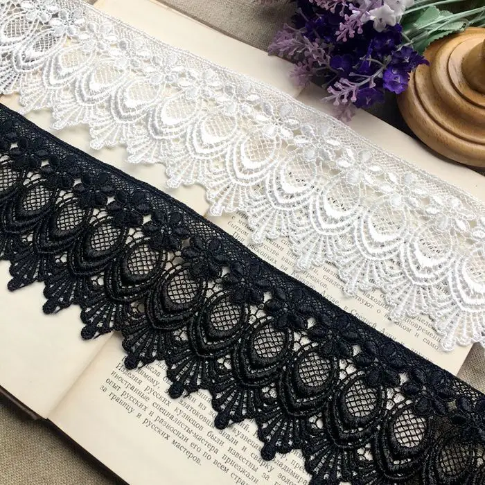 8CM Wide Luxury White Black Embroidery Fabric 3D Flowers Dress Guipure Lace Edge Trim Garment Dress Curtains DIY Sewing Supplies