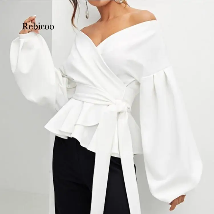 White Office Lady Elegant Lantern Sleeve Belted Peplum Shirts Plus Size Off Shoulder Solid Blouse Sexy Women Tops Chemise