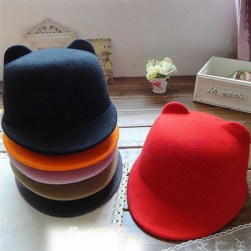 Topi Anak Perempuan Bayi Anak-anak Warna Solid Cute Cat Telinga Topi Musim Semi Musim Gugur Musim Dingin Hangat Anak-anak Wol Bowler Cap topi Hot Sale