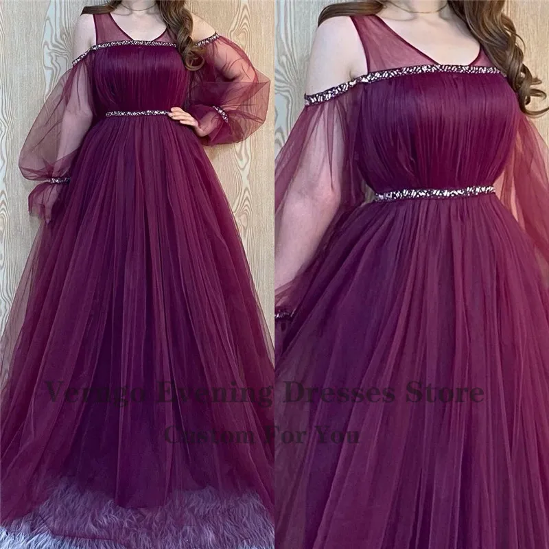 Verngo A Line Champagne Puff z długim rękawem tiulowe suknie na studniówkę Plus rozmiar frezowanie Crystal Sash Burgundy/Green formalne suknie wieczorowe