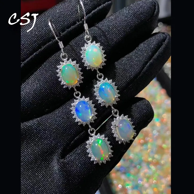 CSJ Real Natural Opal Dangle Earrings 925 Sterling Silver, Ethiopia Opal Gemstone 5*7/6*8mm Jewelry for Women Party Gift