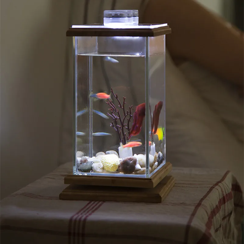 

Novel and Funny Super White Glass Mini Aquarium Creative Lazy Man Ecological Fish Tank Landscaping Rotating Light Viewing Baby