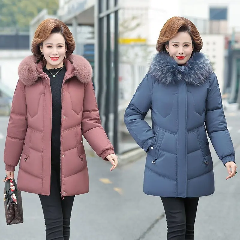 Middle-aged Women\'s Parkas Faux fur collar Jackets Winter Plus Velvet Lamb Hooded Coats Cotton Jacket Womens Mama Overcoat