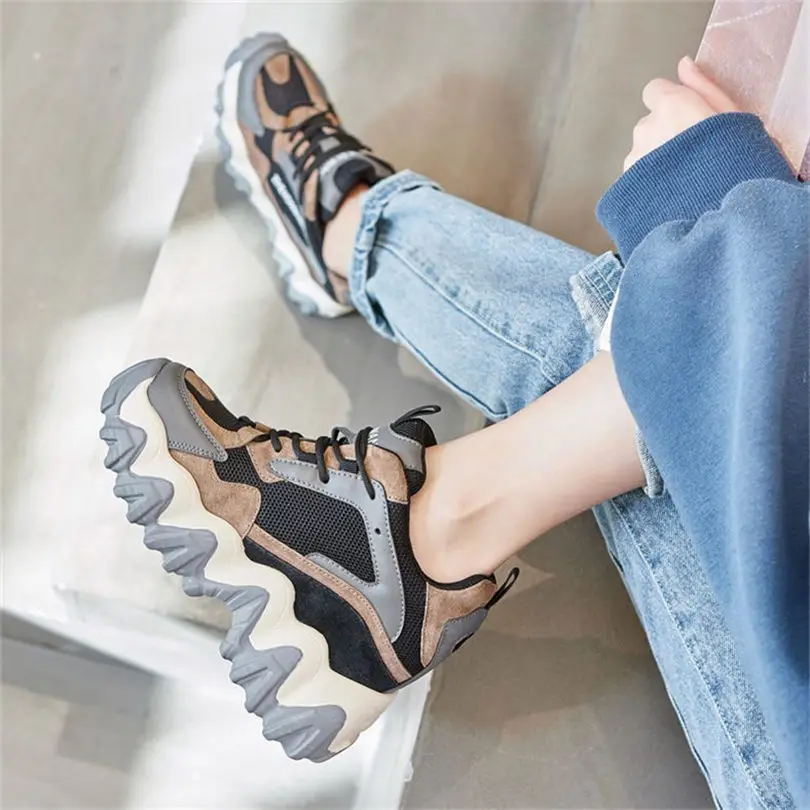 Vrouwen Koe Leer Mode Sneakers Platform Wedge Hoge Hak Trainers Enkellaarsjes Hoogte Toenemende Casual Oxfords Kant Ups Party