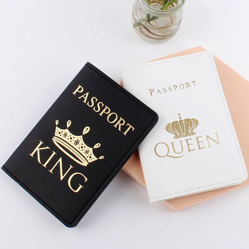 

Lover Couple Passport Cover Hot Stamping "KING & QUEEN." Women Men Travel Wedding Passport Cover Holder Fashion Wedding Gift