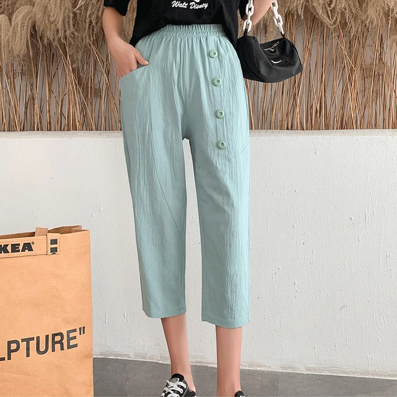 Women's Trousers Summer Women Slacks Cotton Linen Material Elastic Waistband Pants  Fashionable Casual Plus Size Ladies Pants