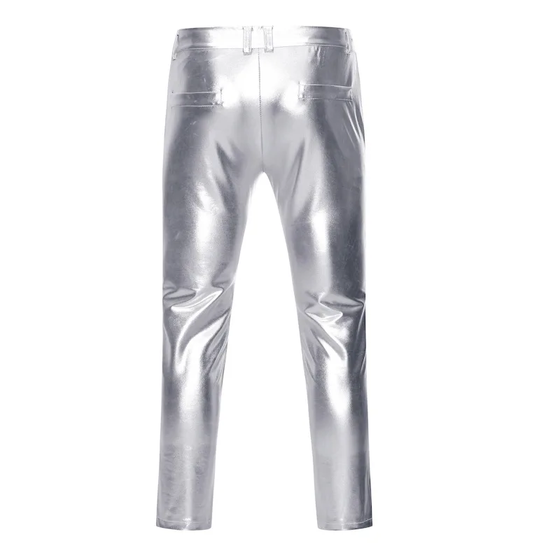 Pantalon de moto en cuir PU pour hommes, pantalon métallique revêtu d'or brillant, pantalon de scène pour chanteurs, maigre, anterie, boîte de nuit, fjNightclub, marque